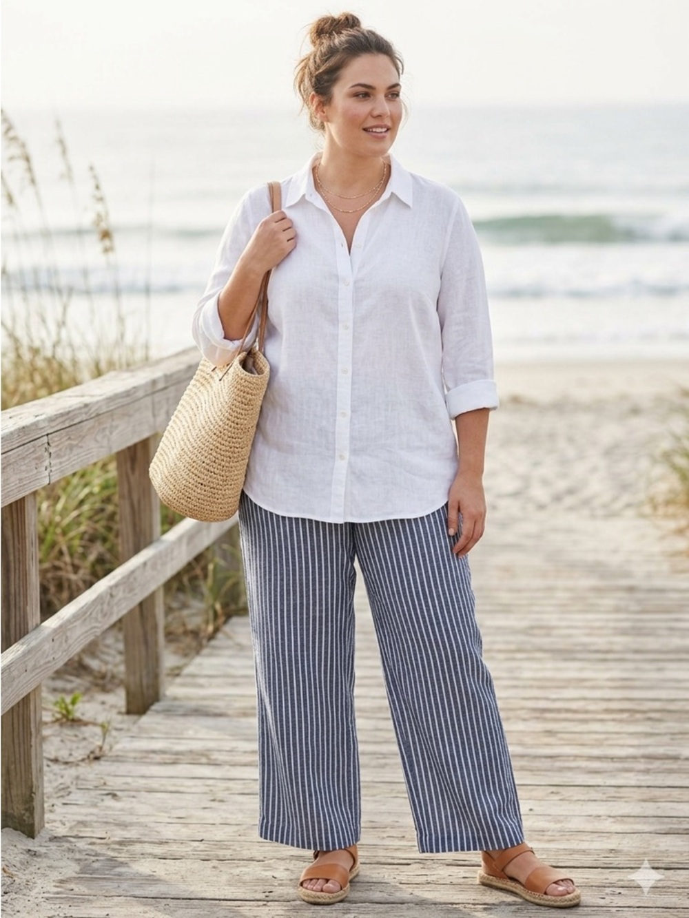 August Max Woman White Linen Button Down Shirt Plus Size XS Coastal Grandmother